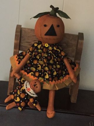Primitive Folk Art Raggedy Ann Doll Praline Pumpkin With Her Dolly