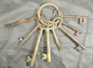 8 Antique Iron & Brass Jail House Skeleton Keys One Folding Key