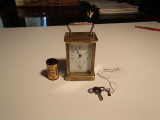 Small Antique French Brass Beveled Glass Panel Carriage Clock With Running Key