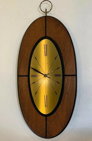 Vintage Elgin Wall Clock Mid Century Modern Atomic Wood Brass - Tone Read