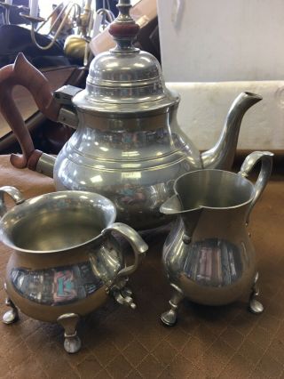 Williamsburg Tea Kettle Set With Creamer And Sugar Dish Pewter