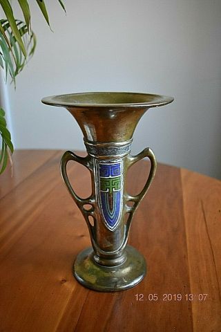 An Antique Art Nouveau Brass Vase With Coloured Enamel Design - Chinese?