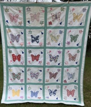 Antique Quilt Embroidered Applique Hand Stitched Hand Made Butterfly 86” X 69”