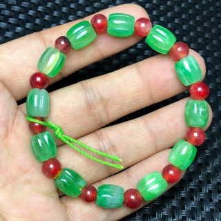 Rare Chinese Handwork Red & Green Jadeite Jade Five Arrises Melon Beads Bracelet
