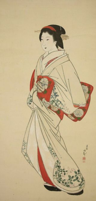掛軸1967 Japanese Hanging Scroll " Ukiyo - E Kimono Beauty " @b966