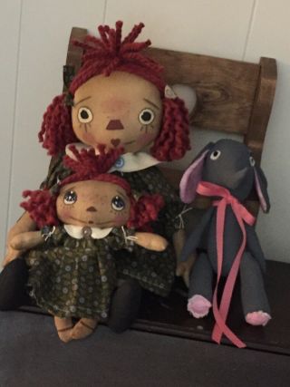 Primitive Folk Art Raggedy Ann Doll My Favorite Things W/doll & Toy Elephant