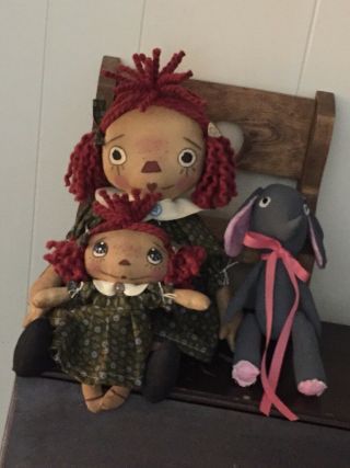 Primitive Folk Art Raggedy Ann Doll My Favorite Things W/Doll & Toy Elephant 2