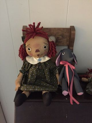 Primitive Folk Art Raggedy Ann Doll My Favorite Things W/Doll & Toy Elephant 4