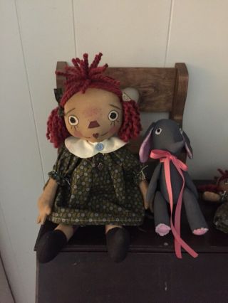 Primitive Folk Art Raggedy Ann Doll My Favorite Things W/Doll & Toy Elephant 7