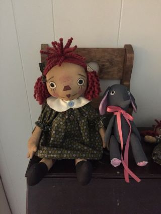 Primitive Folk Art Raggedy Ann Doll My Favorite Things W/Doll & Toy Elephant 8
