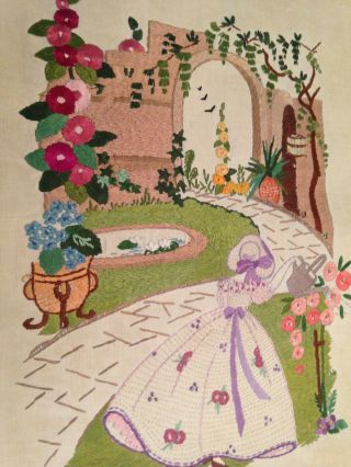 Vintage Hand Embroidered Picture Panel Stunning Elegant Crinoline Lady