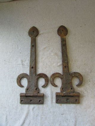 Vtg Early Antique Hand Forged Wrought Strap T Hinge Set Ornate Victorian 15 " X 6