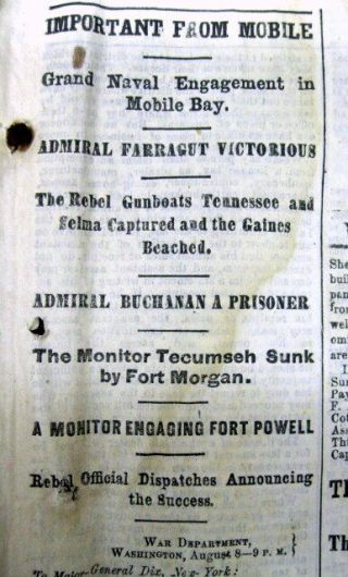 1864 Civil War Newspaper Confederate Navy Def At Battle Of Mobile Bay Farragut