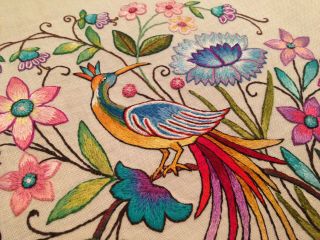 Vintage Hand Embroidered Picture Panel Bird Of Paradise And Flowers Stunning