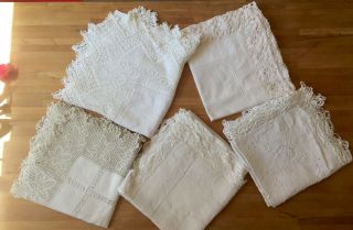 5 X Vintage White Linen Tablecloths Embroidery Lace Edging Appx.  120cm Square