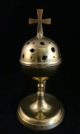 English Solid Brass Incense Burner W/pierced Hinged Top & Cross Finial.  7 ½” T.