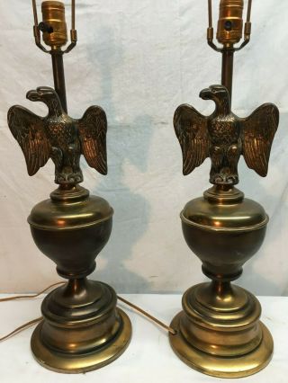 Vintage Pair Brass Usa Eagle Mid Century Table Lamps 3 Way Light Switch