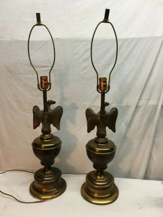 Vintage Pair Brass USA Eagle Mid Century Table Lamps 3 Way Light Switch 2