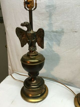 Vintage Pair Brass USA Eagle Mid Century Table Lamps 3 Way Light Switch 4