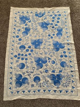 Uzbek Vintage Wall Hanging Handmade Embroidery Light Blue Tablecloth Suzani