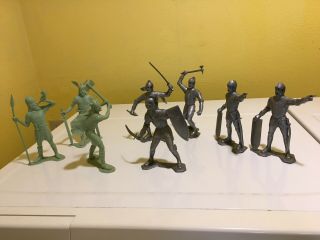 9 Various Plastic Toy 6 " Louis Marx Viking And Knight Figurines Dated 1964