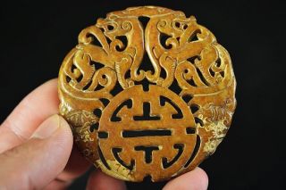 Chinese Old Jade Hand - Carved Hollow Out 2 Dragons&bats Lucky Pendant A10