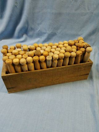 VTG 70 ANTIQUE WOOD CLOTHES PINS in WOOD CHEESE BOX 4 COUNTRY LAUNDRY DECOR 3