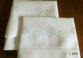 Ant.  Heavy Irish Linen Pillow Cases Pair Lace Insert Unusual Drawn Thread Work