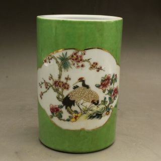 Chinese Old Porcelain Hand Painted Famille Rose Flower Crane Brush Pot C01
