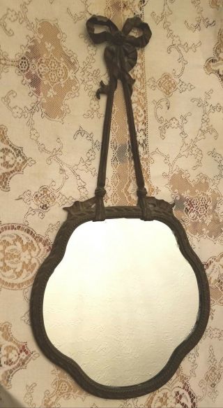 Ornate Antique French Bronze Wall Mirror - Ribbon Bow Top - 24 - 1/2 "