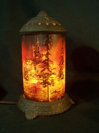 Antique Scene In Action Art Deco Table Lamp Forest Fire Cast Iron Night Light