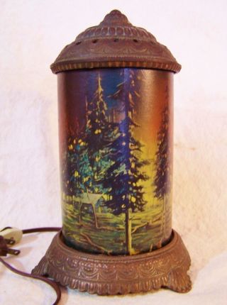 Antique SCENE IN ACTION Art Deco Table Lamp FOREST FIRE Cast Iron Night Light 2
