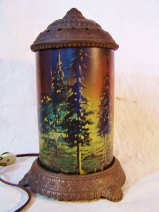 Antique SCENE IN ACTION Art Deco Table Lamp FOREST FIRE Cast Iron Night Light 3