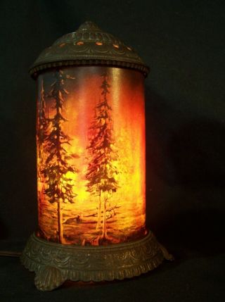 Antique SCENE IN ACTION Art Deco Table Lamp FOREST FIRE Cast Iron Night Light 4