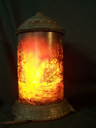 Antique SCENE IN ACTION Art Deco Table Lamp FOREST FIRE Cast Iron Night Light 5