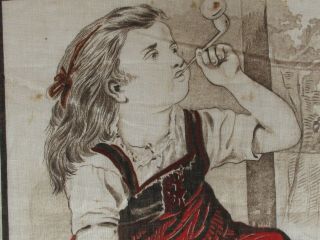 Antique Victorian Child ' s Printed Handkerchief Girl Blowing Bubbles with her Cat 2