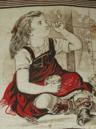 Antique Victorian Child ' s Printed Handkerchief Girl Blowing Bubbles with her Cat 3