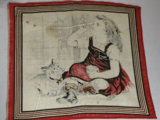 Antique Victorian Child ' s Printed Handkerchief Girl Blowing Bubbles with her Cat 8