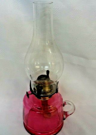 Antique Victorian Cranberry Glass Finger Oil Lamp,  Chimney V Good Order
