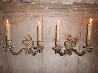 French A Patina Bronze Wall Candle Holders Antique / Vintage