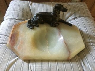Antique Art Deco Borzoi Dog Bronze Or Brass Figurine On Marble Dish/desk Stand