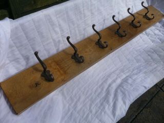 Antique X6 Old French Iron Coat Hooks Mounted On Old Period Oak Plank.  44 3/4 "