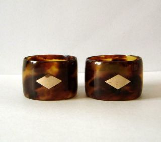 Two Vintage Faux Tortoiseshell Napkin Rings With Yellow Gold Vacant Cartouche 
