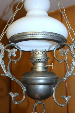 Antique Vintage French Pewter/glass Lamp Ceiling Light Opaque White Glass Shade