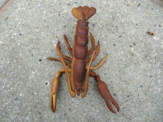 A Mid Century Modernist Articulated Wood Carved Lobster Sculpture Figurine - C1960