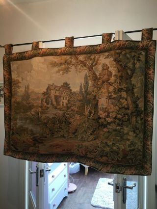 Large Vintage French Tapestry Wall Hanging,  Idyllic Rural Scene