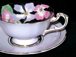 Vintage Paragon Lavender and Black Tea Cup & Saucer Pink Lavender Floral 1930s 8