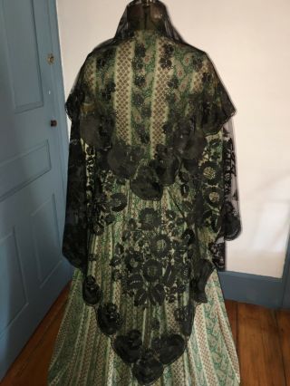 Antique C1860 Hand Embroidered Net Floral Silk Lace Shawl Ex