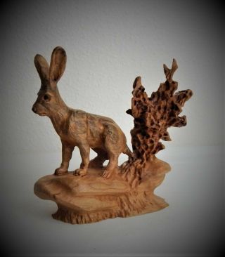 Miniature Jack Rabbit Cherry Wood Carving Sculpture By Joan Kosel