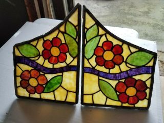 Set (2) Antique Stained Glass Windows,  Small,  Bookend Style,  For Repurposing